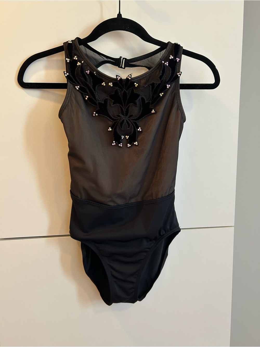 Girls Black Embellished Mesh Dance Leotard with Floral Appliqué and Rhinestones